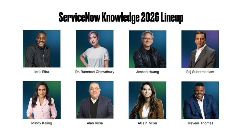 ServiceNow Knowledge 2026 Lineup: Idris Elba, Dr Rumman Chowdhury, Jensen Huang, Raj Subramaniam, Mindy Kaling, Alan Rosa, Allie K Miller, Trevear Thomas.