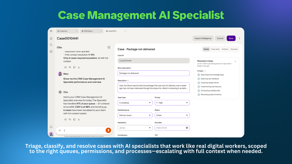 The image shows a case management AI specialist managing common issues like ‘package not delivered’.