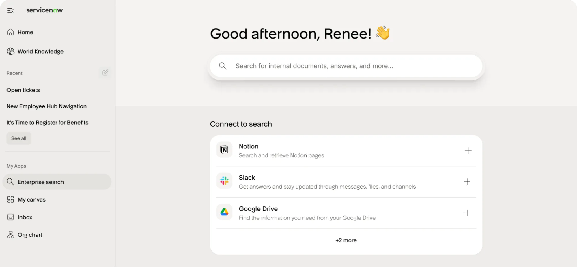 Searching the connected systems using Enterprise Search on ServiceNow Employee Slate.