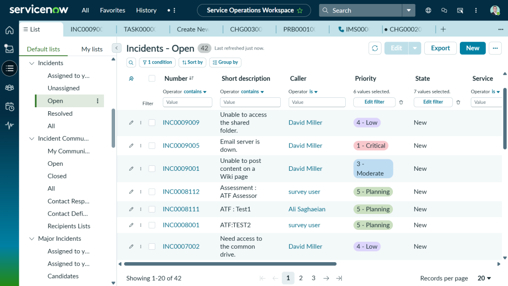 List of Open Incidents on the ServiceNow Service Operations Workspace