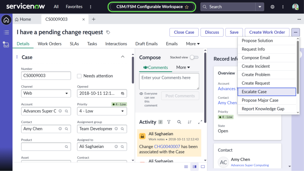 Working on a Customer Service Case on the CSM Configurable Workspace