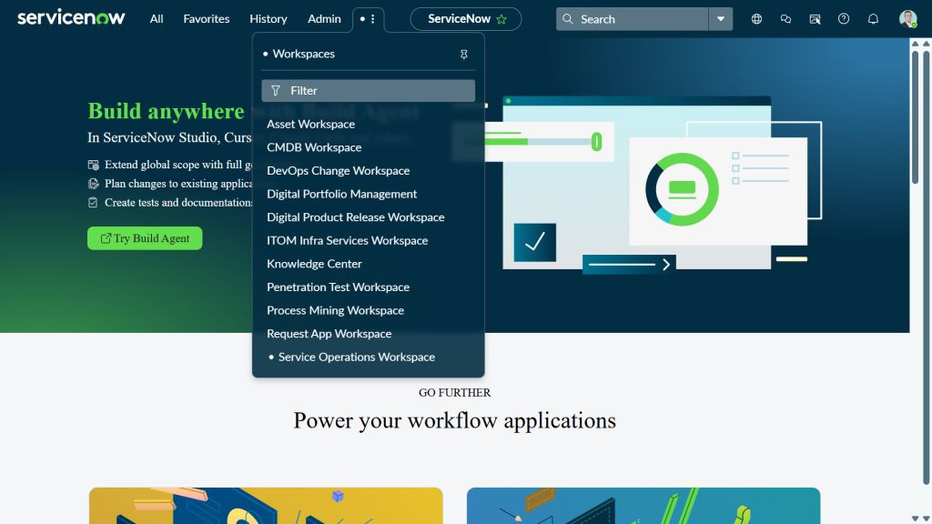 List of installed workspaces accessible on the Workspaces menu
