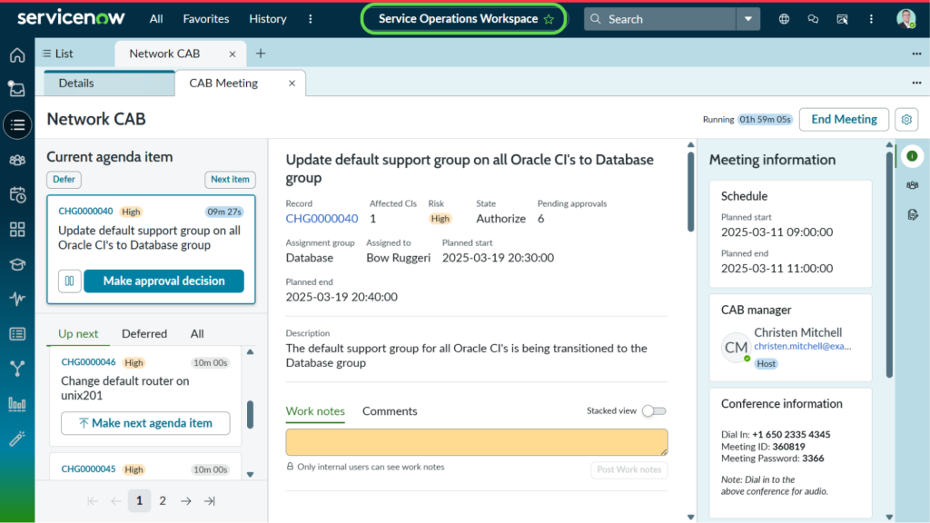 Running a Change Advisory Board meeting via ServiceNow CAB Workbench on Service Operations Workspace (SOW)