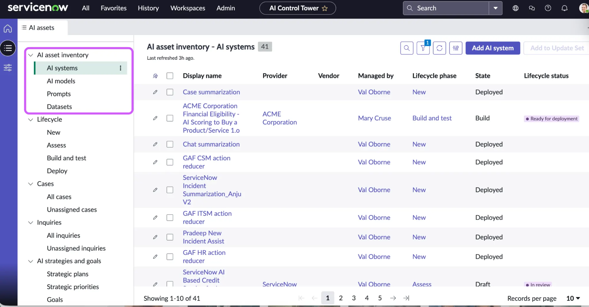 ServiceNow AI Asset Inventory table displaying columns for display name, provider, vendor, managed by, lifecycle phase, state, and lifecycle status, with a navigation menu on the left.