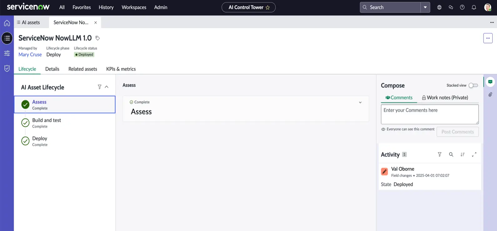 ServiceNow AI Asset Lifecycle interface showing the Assess stage marked as complete for the "ServiceNow NowLLM 1.0" asset, with tabs for details, related assets, and KPIs and metrics.