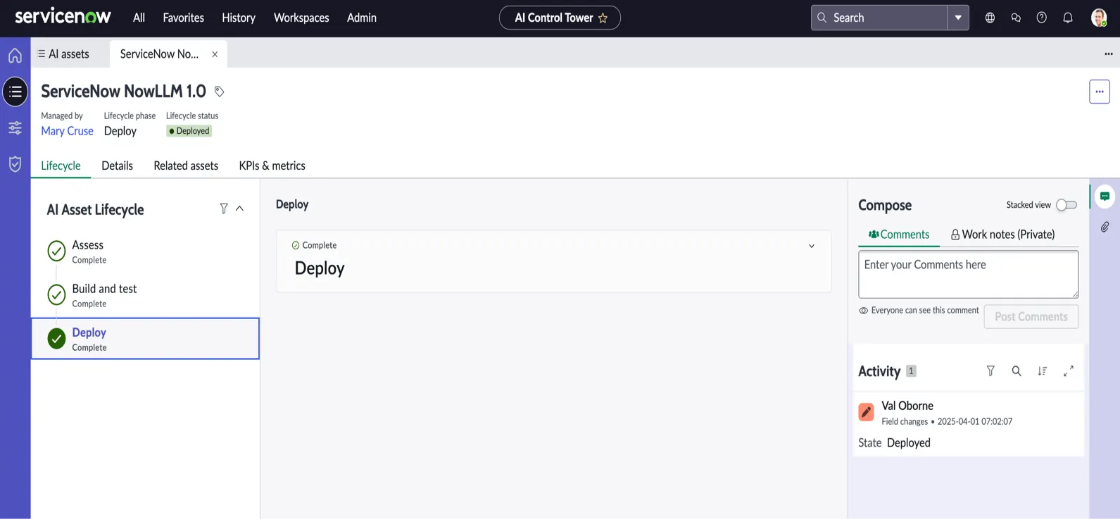 ServiceNow AI Asset Lifecycle interface showing the Deploy stage.