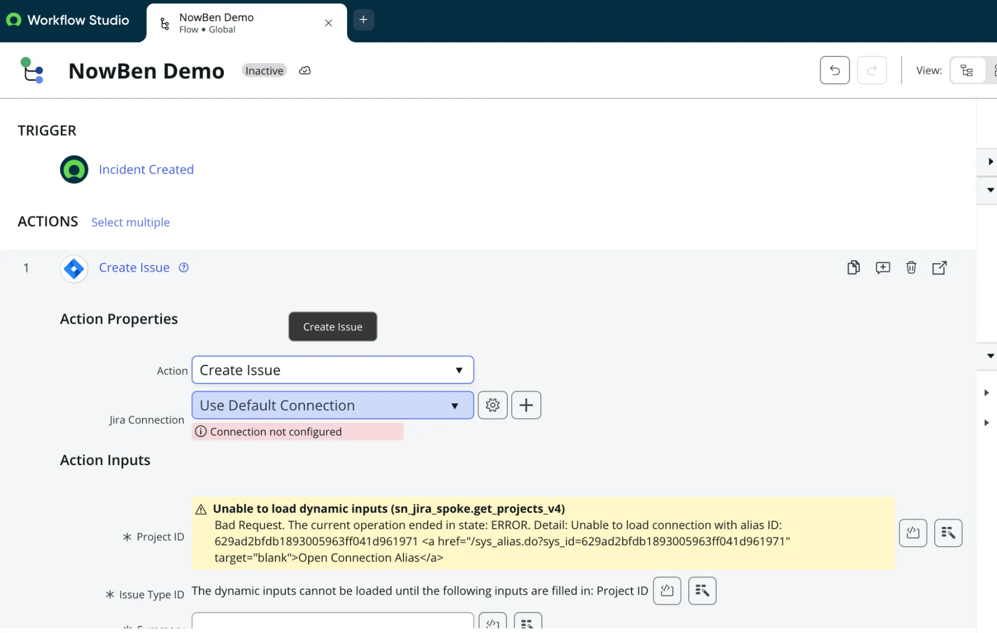 Screenshot of ServiceNow Workflow Studio showing a flow trigger for Incident Created and an action configured to Create Issue in Jira.